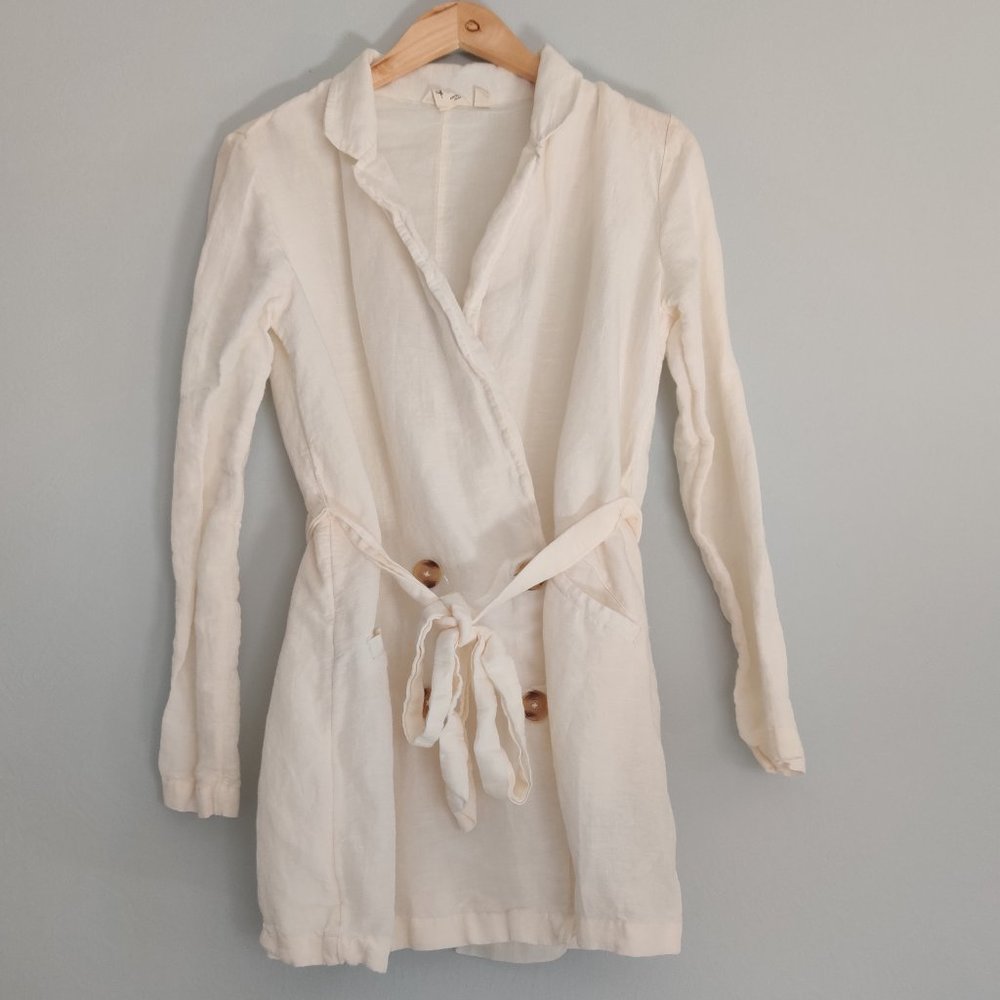 Billabong White Linen Coat Jacket Blazer Minimalist Button Front Tie Waist M